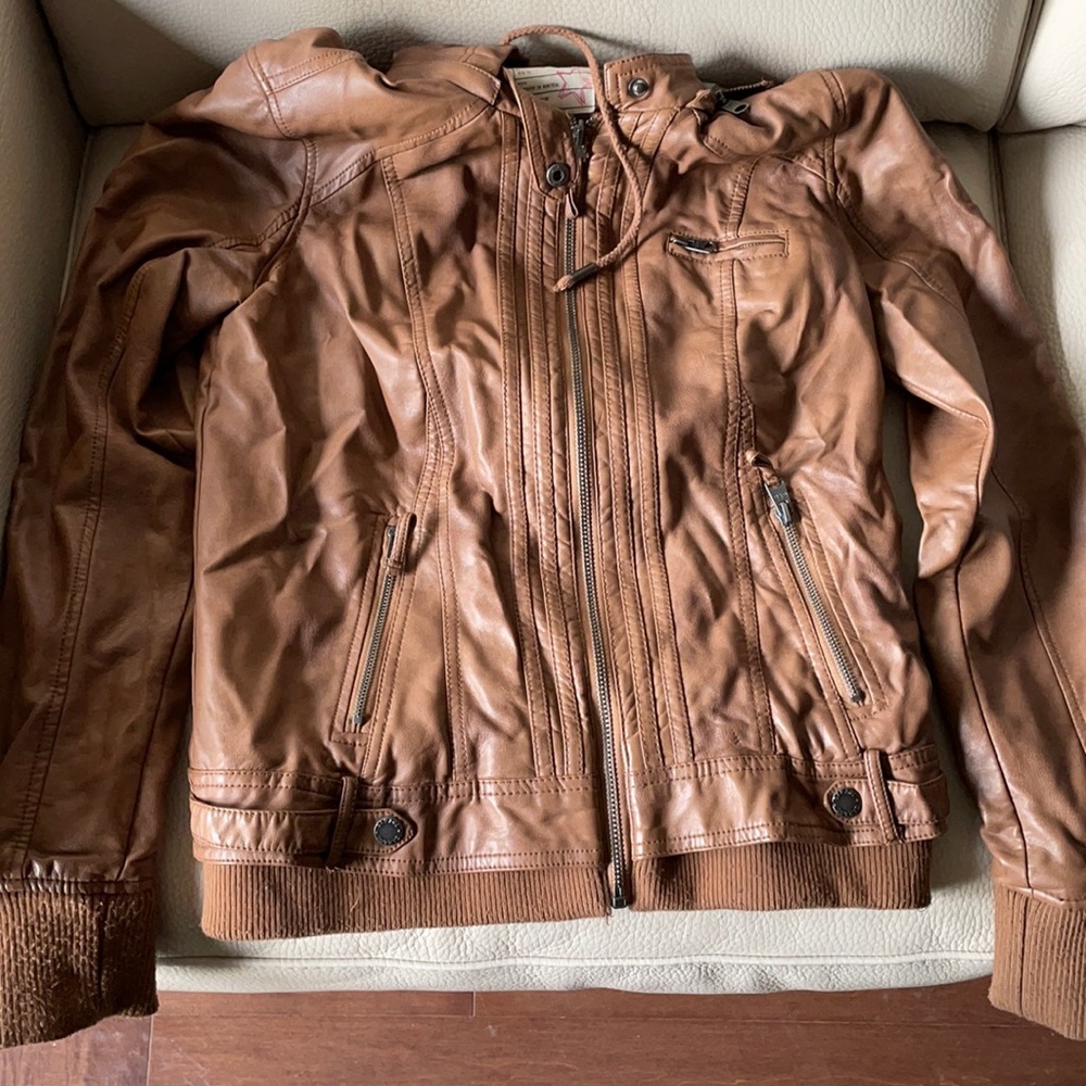 Garage brown pleather hooded jacket size m